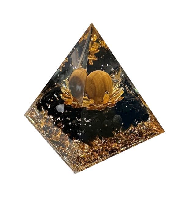 Orgonite Pyramide Oeil de Tigre et Obsidienne Noire Lotus chez Arabesk|fr