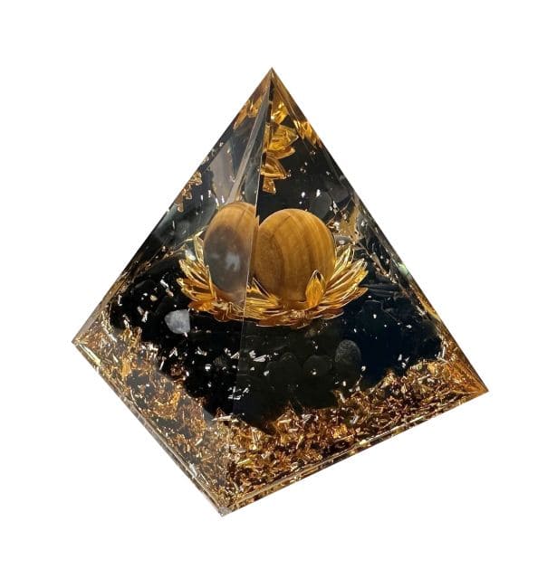 Orgonite Pyramide Oeil de Tigre et Obsidienne Noire Lotus