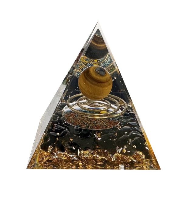 Orgonit-Pyramide, Tigerauge und schwarzer Obsidian, Lebensbaum-Spirale