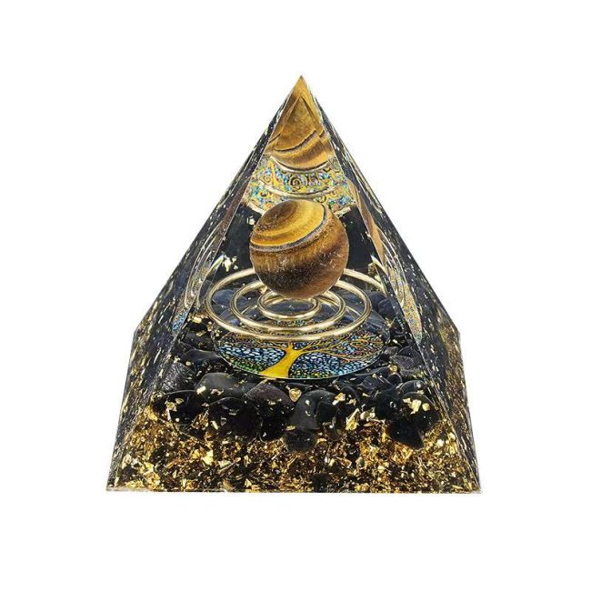 Orgonite Pyramide Oeil de Tigre et Obsidienne Noire Arbre de Vie & Spirale chez Arabesk