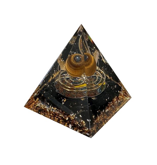 Orgonite Pyramide Oeil de Tigre et Obsidienne Noire Arbre de Vie & Spirale
