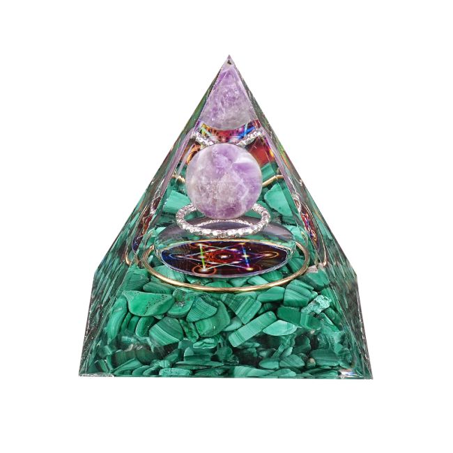 Orgonite Pyramide Amethyste & Malachite Métatron chez Arabesk