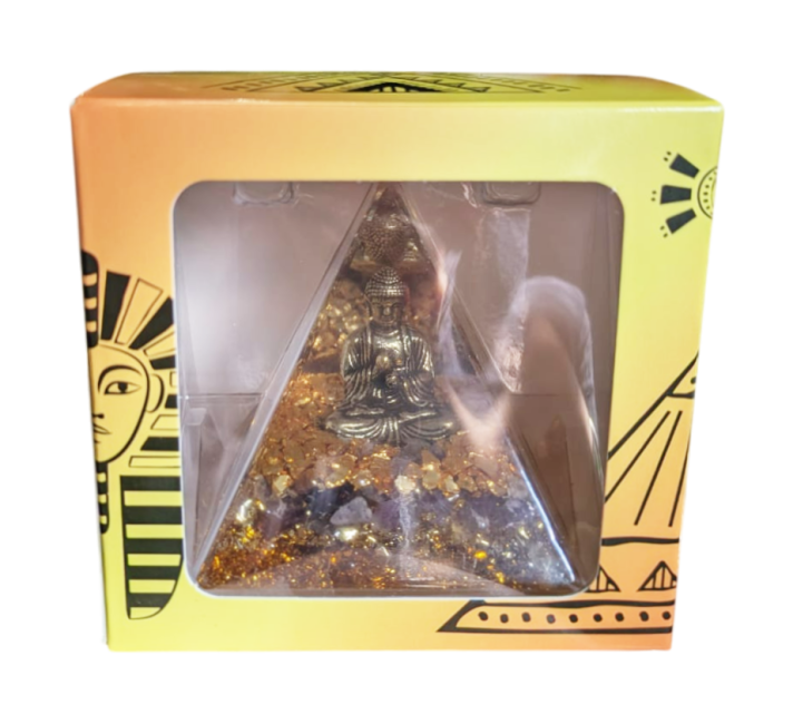Orgonite Pyramide Buddha + Amethyste chez Arabesk|fr
