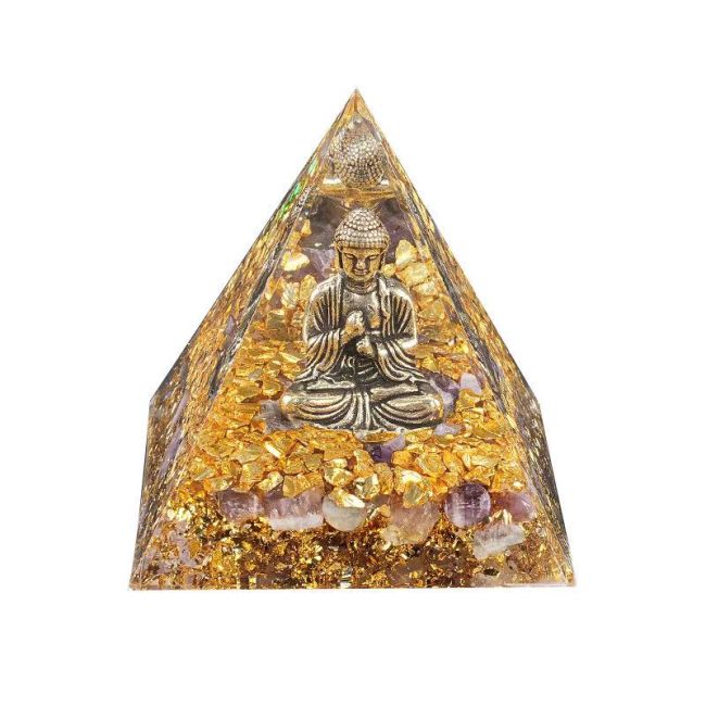 Orgonite Pyramide Buddha + Amethyste chez Arabesk