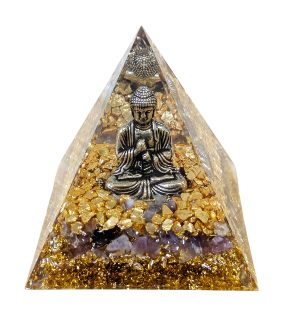 Orgonite Pyramide Buddha + Amethyste chez Arabesk