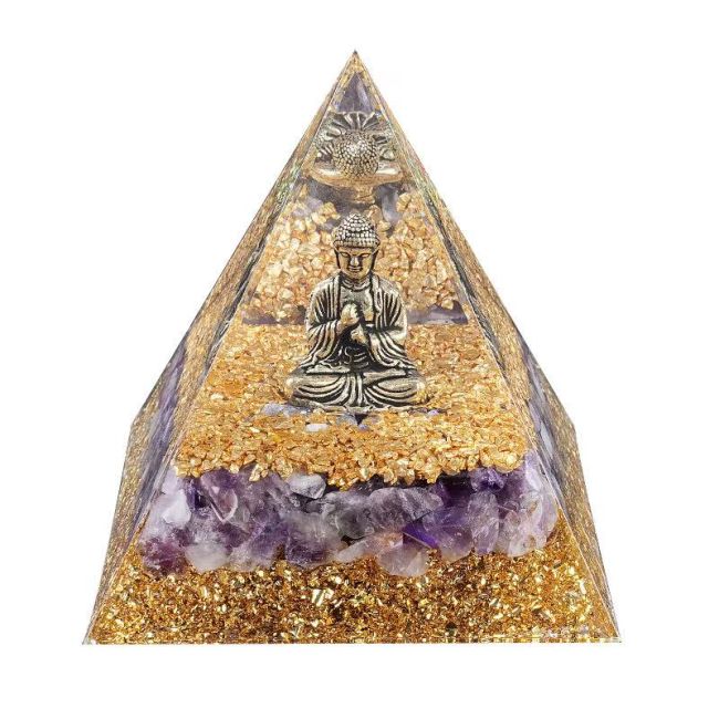 Orgonite Pyramide Buddha + Amethyste 8cm chez Arabesk