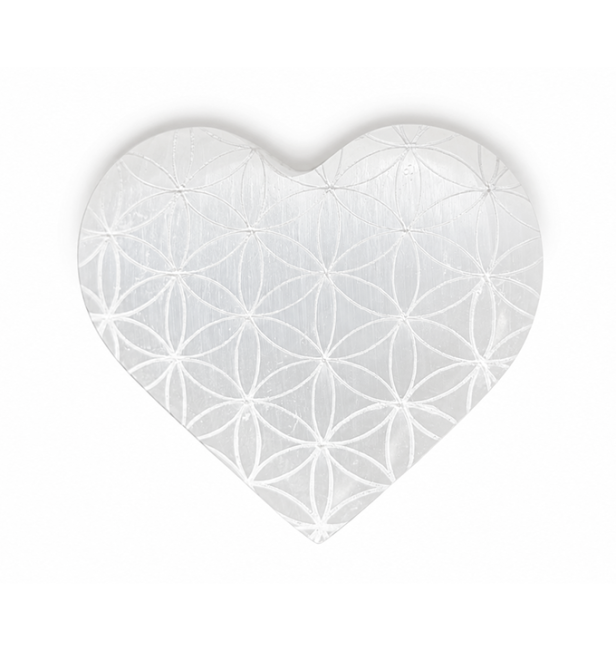 Cœur en Sélénite Fleur de Vie 6.5cm 110g chez Arabesk