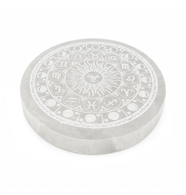 Plaque Circulaire en Sélénite Roue du Zodiaque 12cm 350g