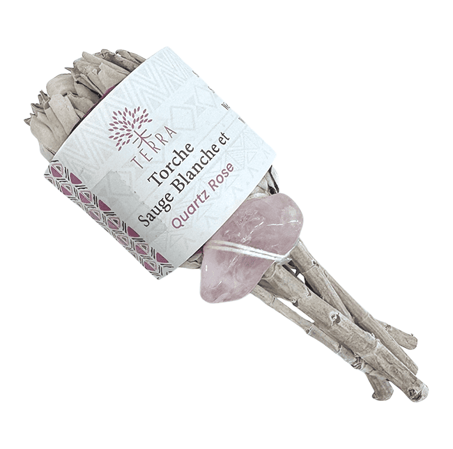Torche Sauge Blanche Petale avec Quartz Rose 25-30g 11cm chez Arabesk