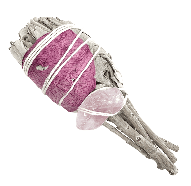 Torche Sauge Blanche Petale avec Quartz Rose 25-30g 11cm chez Arabesk|fr