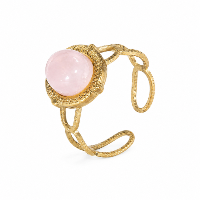 Bague en Acier Inoxydable Dorée Quartz Rose Ovale