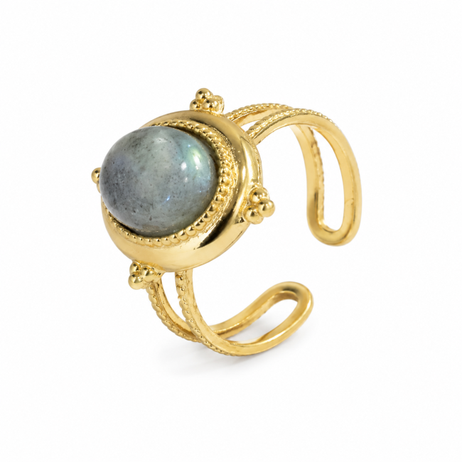 Bague en Acier Inoxydable Dorée Labradorite Ovale