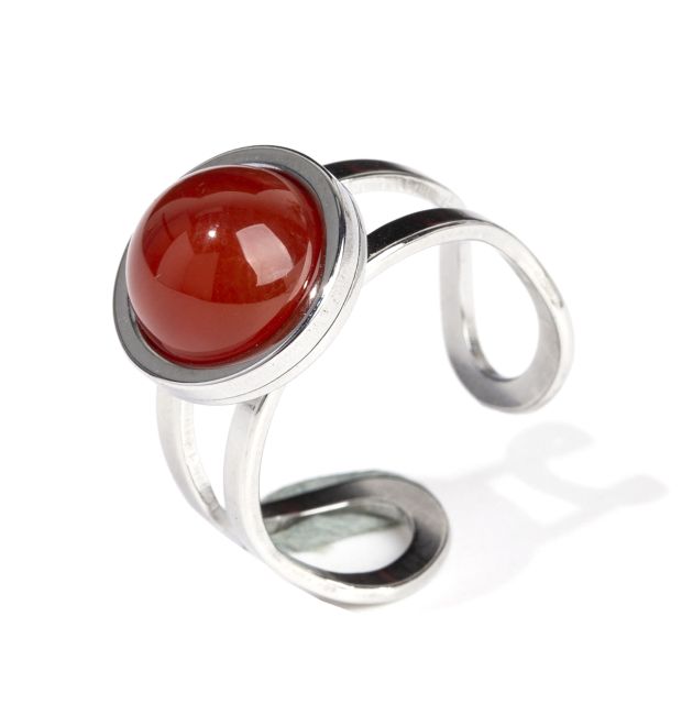 Bague en Acier Inoxydable Argentée Ronde Agate Rouge A