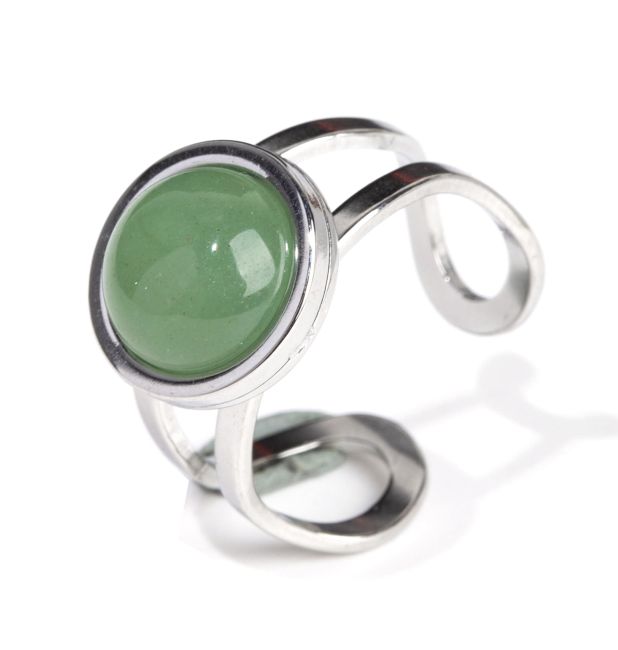 Bague en Acier Inoxydable Argentée Ronde Aventurine Verte A