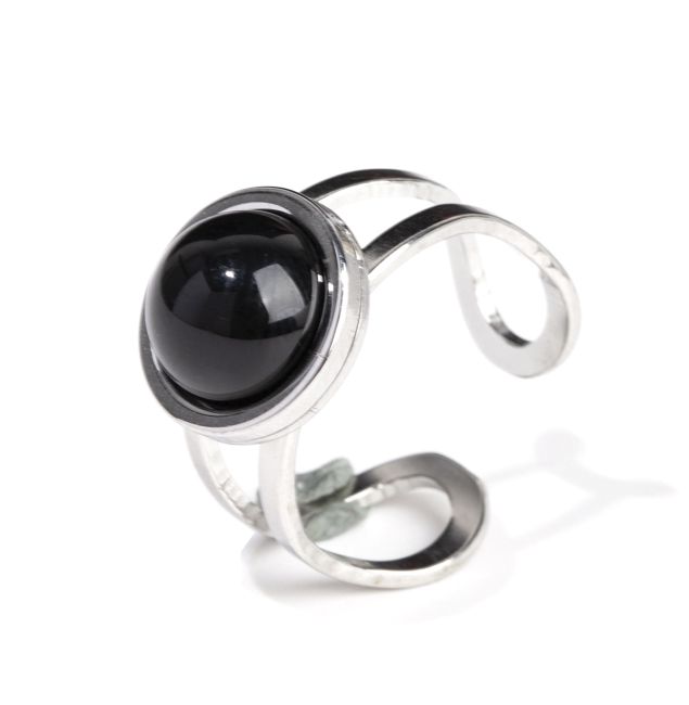 Bague en Acier Inoxydable Argentée Ronde Onyx Noir A