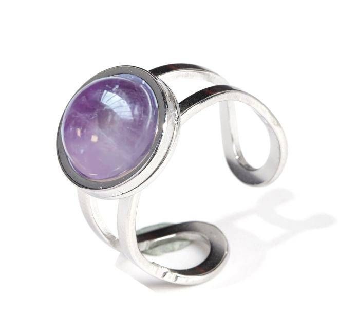 Bague en Acier Inoxydable Argentée Ronde Améthyste chez Arabesk