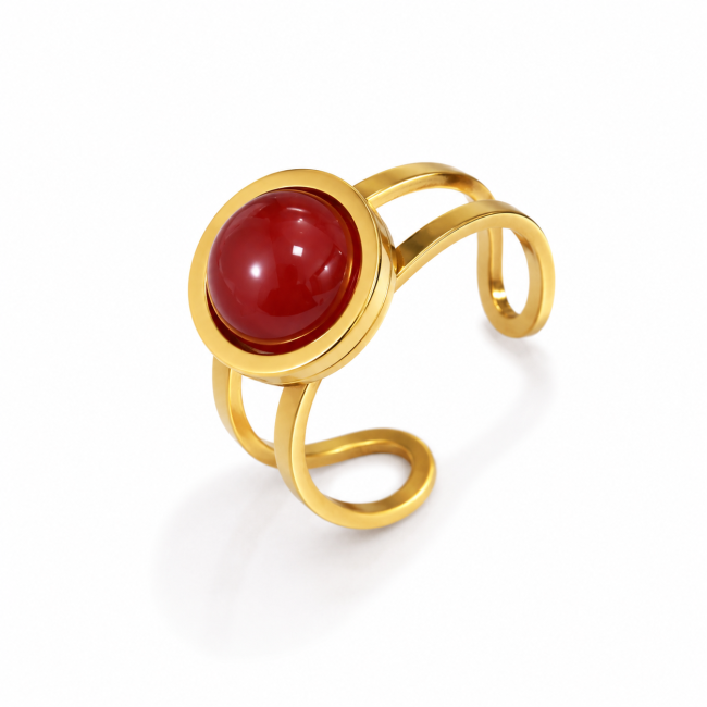 Bague Acier Inoxydable Dorée Agate Rouge Ronde chez Arabesk