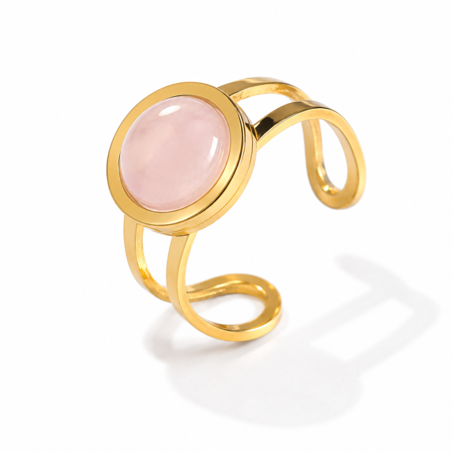 Bague Acier Inoxydable Dorée Quartz Rose Rond chez Arabesk