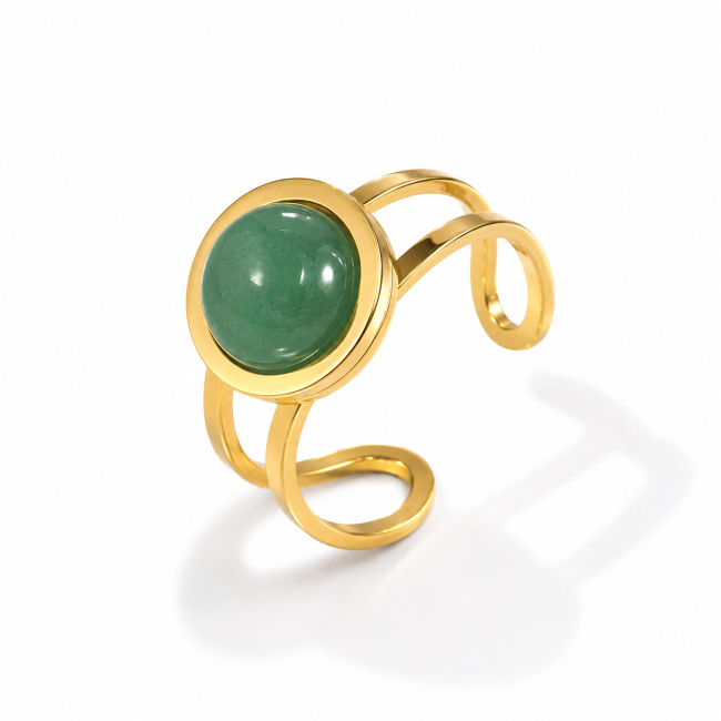 Bague Acier Inoxydable Dorée Aventurine Verte Ronde chez Arabesk