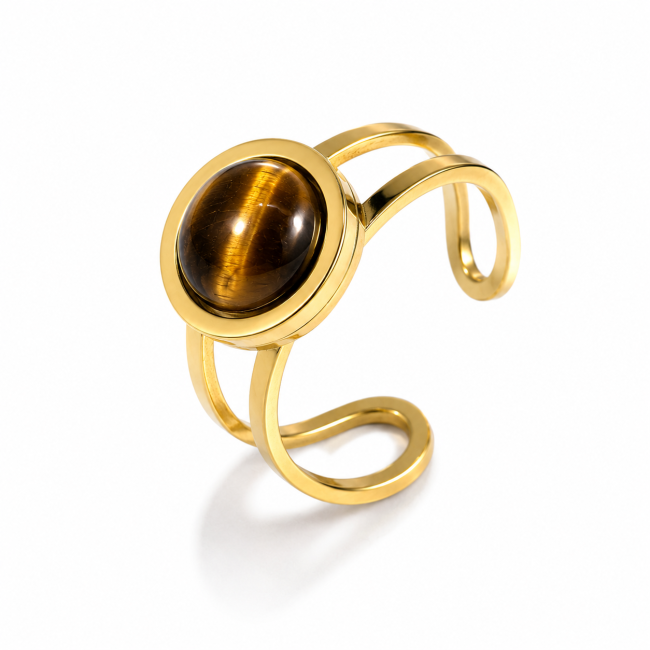 Bague Acier Inoxydable Dorée Oeil de Tigre Rond chez Arabesk