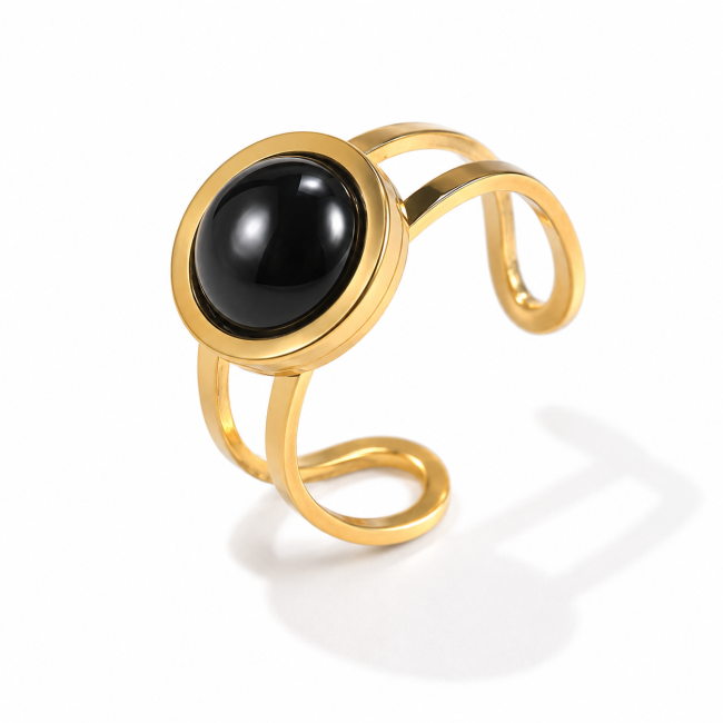Bague Acier Inoxydable Dorée Obsidienne Noire Ronde