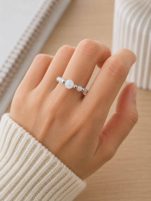 Bague Perles Argentées Pierre de Lune Blanche chez Arabesk|fr