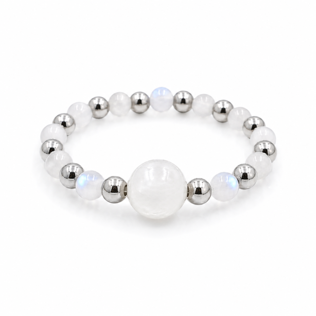 Bague Perles Argentées Pierre de Lune Blanche chez Arabesk