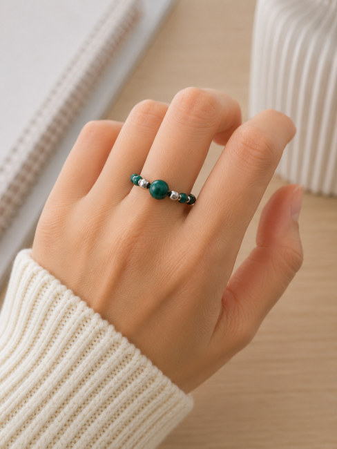 Bague Perles Argentées Malachite chez Arabesk|fr
