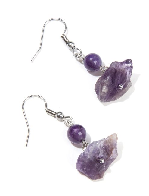 Boucles d'Oreilles Argentées en Acier Inoxydable Améthyste Brute A 3.5cm chez Arabesk