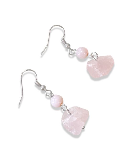 Boucles d'Oreilles Argentées en Acier Inoxydable Quartz Rose Brut A 3.5cm