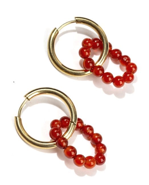 Boucles d'Oreilles Créoles Dorées en Acier Inoxydable Agate Rouge A 3.5cm