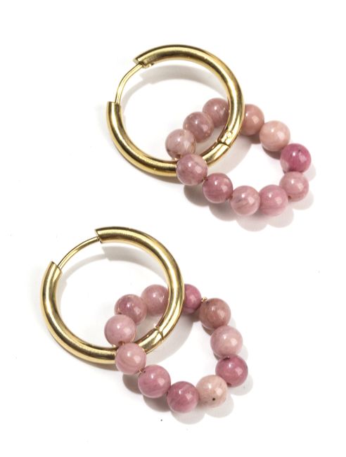 Boucles d'Oreilles Créoles Dorées en Acier Inoxydable Rhodonite Australie A 3.5cm