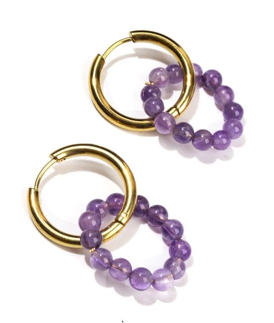 Boucles d'Oreilles Créoles Dorées en Acier Inoxydable Améthyste A 3.5cm chez Arabesk