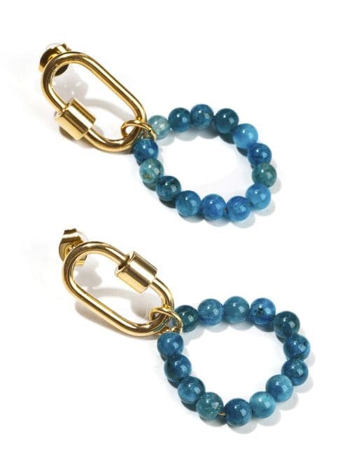 Boucles d'Oreilles Dorées en Acier Inoxydable Apatite Bleue A 3.8cm chez Arabesk