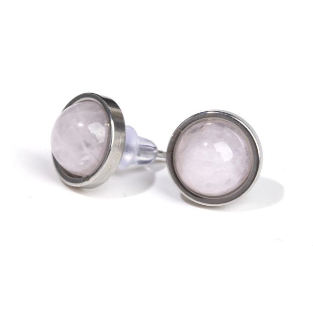 Boucles d'Oreilles Ronde en Acier Inoxydable Quartz Rose A stud 10mm chez Arabesk