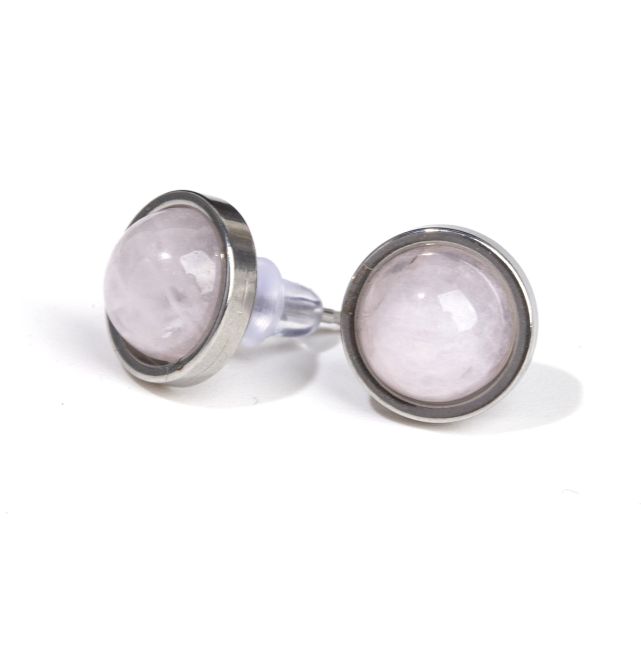 Boucles d'Oreilles Ronde en Acier Inoxydable Quartz Rose A stud 10mm