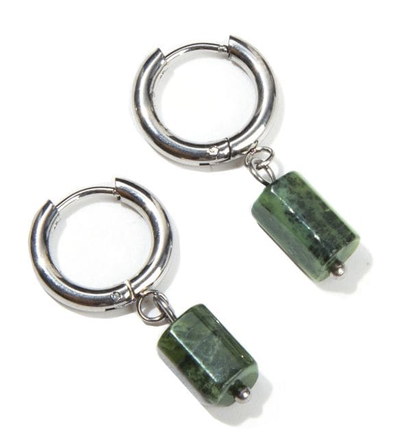 Boucles d'Oreilles Cylindre Argentées en Acier Inoxydable Jade Néphrite Canada A 11mm