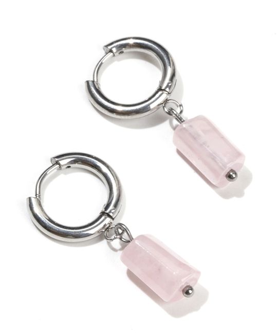 Boucles d'Oreilles Cylindre Argentées en Acier Inoxydable Quartz Rose A 11mm