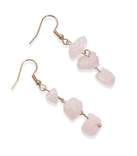 Boucles d'Oreilles Dorées en Acier Inoxydable Quartz Rose Brut A 5cm