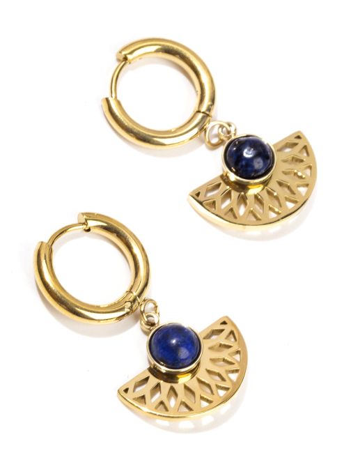 Boucles d'Oreilles Doréess en Acier Inoxydable Aztèque Lapis Lazuli AA 33mm