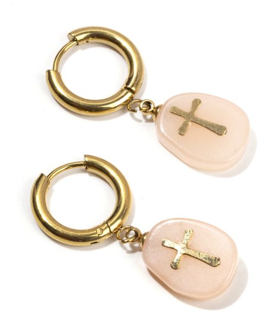 Boucles d'Oreilles Doréess en Acier Inoxydable Aventurine Pêche A & Croix 35mm chez Arabesk
