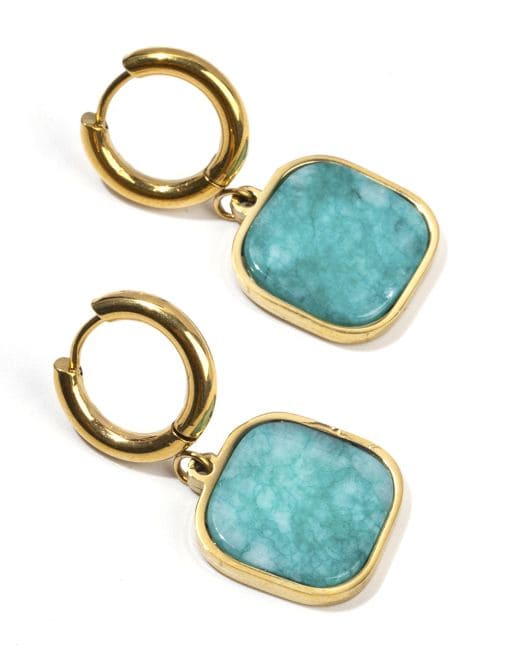 Boucles d'Oreilles Carrées Dorrées en Acier Inoxydable Amazonite A 35mm chez Arabesk