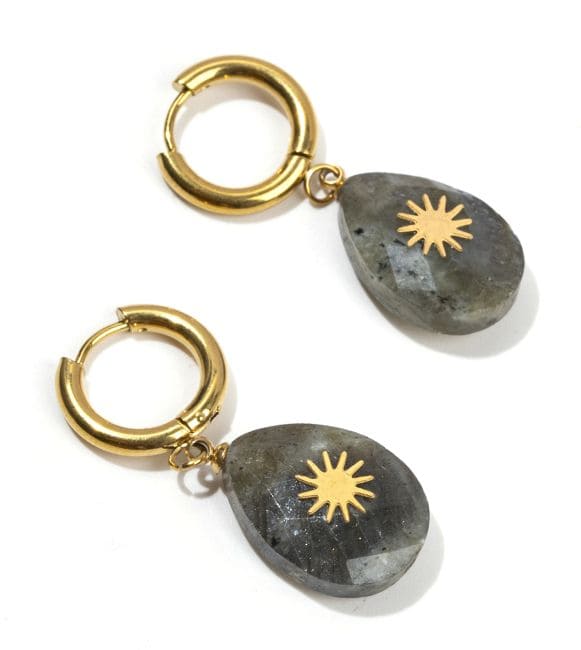 Boucles d'Oreilles Doréess en Acier Inoxydable Labradorite Ovale Facettée A Soleil 38mm