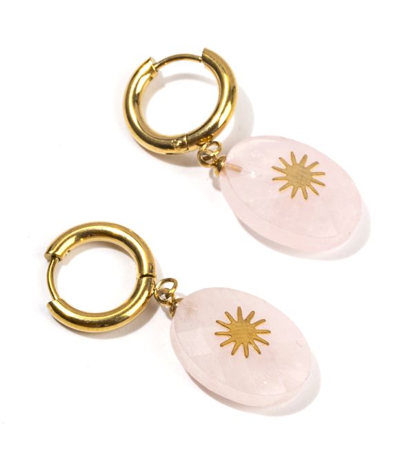 Boucles d'Oreilles Doréess en Acier Inoxydable Quartz Rose Ovale Facetté Soleil A 38mm