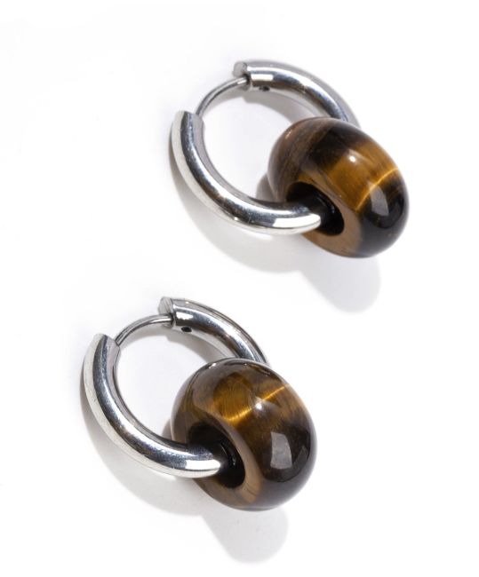 Boucles d'Oreilles Hope Argentées en Acier Inoxydable Œil de Tigre A 18mm chez Arabesk