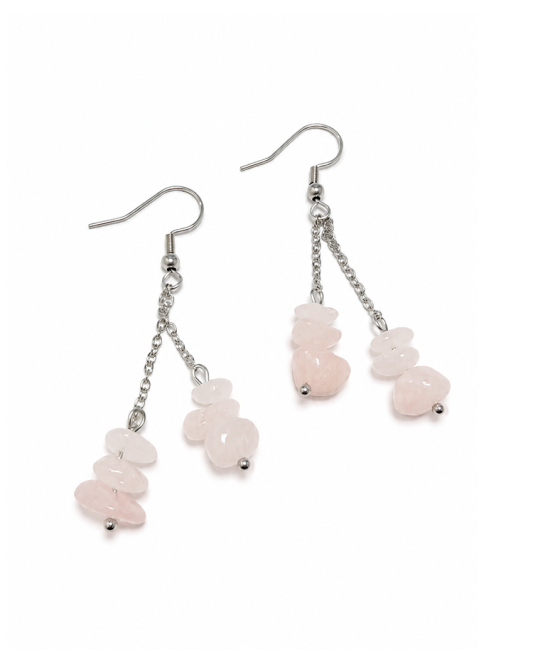 Boucles d'Oreilles Baroque Argentées en Acier Inoxydable Quartz Rose 6cm chez Arabesk