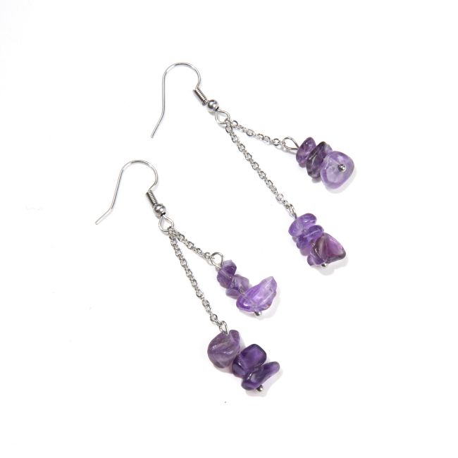 Boucles d'Oreilles Baroque Argentées en Acier Inoxydable Amethyste 6cm