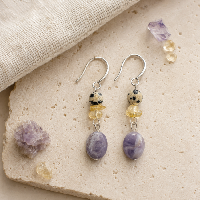 Boucles d’Oreilles – Jaspe Dalmatien, Citrine & Améthyste chez Arabesk|fr