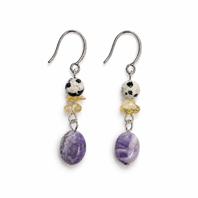 Boucles d’Oreilles – Jaspe Dalmatien, Citrine & Améthyste chez Arabesk
