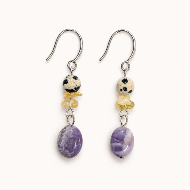 Boucles d’Oreilles – Jaspe Dalmatien, Citrine & Améthyste chez Arabesk
